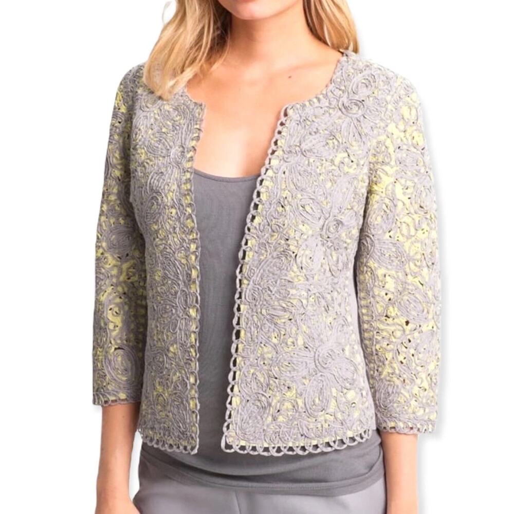 Nic + Zoe Gray & Yellow Battenberg Overlay Ribbon Scallop Open Blazer Jacket